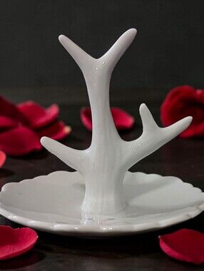 Vintage Porcelain Ring Tree Pastel Flowers Floral Jewelry Trinket Dish White
